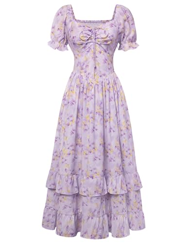 Scarlet Darkness Women Floral Cottagecore Dress Puff Sleeve Maxi Ruffled Corset Dress Purple Floral S