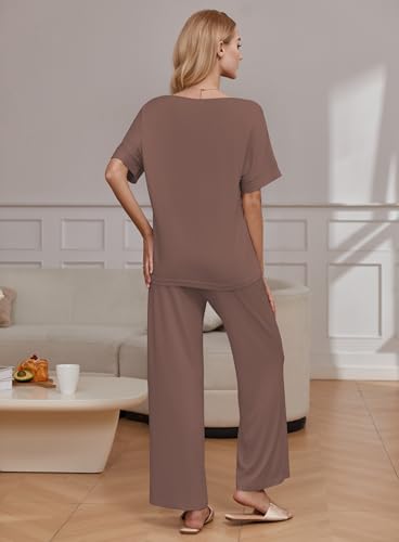 Image of Ekouaer Pajama Sets for Women 2 Piece Lounge Set Short Sleeve Tops and Long Pants Soft Comfy Pjs Sleepwear Outfits S-XXL
