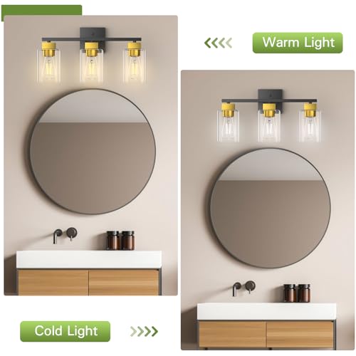 Image of Black and Brushed Gold Bathroom Vanity Light, 3-Light Vanity Lighting fixtures Over Mirror, Square Design & UL Certification, Wall Sconces with Clear Glass Shades, E26 Socket (Bulbs Not Included)