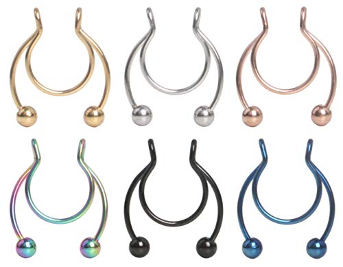VELCARE 6 Pcs Fake Septum Ring Piercing 20 Gauge Hoop Nose Rings Clip On Non Piercing Stainless Steel Faux Nose Stud Body Piercings Jewelry for Women Men Girls Silver Gold Rose Gold Black Blue Rainbow