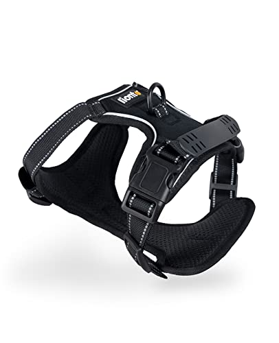 lionto Hundegeschirr gepolstert aus weichem Nylon, Größe M, reflektierendes Anti Zug Geschirr für Hunde mit 2 Ringen & 4 Einstellgurten, Zwei Klickverschlüsse & gummierter Griff am Rücken, schwarz
