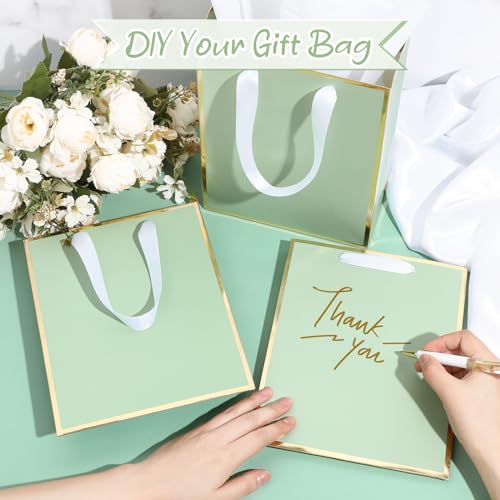 Image of Yeaqee 24 Pack Metallic Paper Gift Bag with Tissue, Sage Green, Gold | with Satin Ribbon Handle and Tissue, 9x7x3.1 Inch, Suit Business, Birthday, Christmas, Thank You Return Gifts Bags