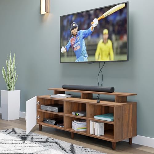 Image of VIKI Modern TV Unit for Living Room | Engineered Wood TV Cabinet with 1 Door Storage, 2 Open Shelves & Extension, Entertainment Unit, 140W x 48H x 40D cm | DIY | 1 Year Warranty (Walnut & White)