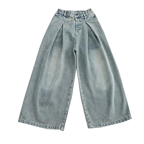 Girls Baggy Wide Leg Jeans Elastic High Waist Washed Denim Pants