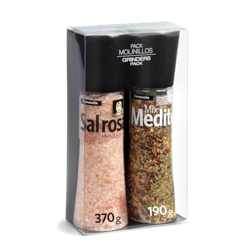 CARMENCITA - Pack 2 Molinillos Gigantes | Sal Rosa del Himalaya | Mediterranean Mix | Sazonador natural para carnes, pescados, verduras, ensaladas | Sal marina mediterránea con especias | 560 g