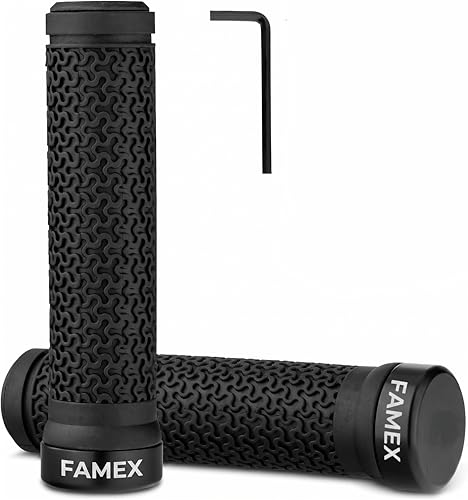 Image of FAMEX RIDE Premium Mountain Bike Grips with Soft Anti-Slip Rubber, Single Lock-on, Black, 5.2in x 0.87in (Internal Diameter), 4.73oz, Aluminium Alloy Lock Ring, Pair