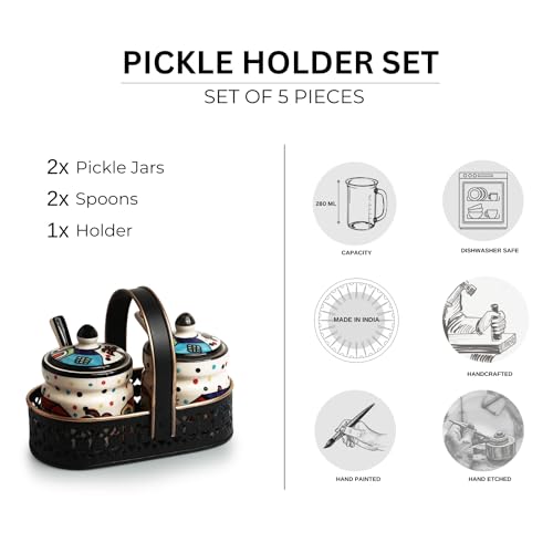 Image of ExclusiveLane 'The Hut' Ceramic Pickle Jars for Dining Table Jars With Spoons & Iron Holder (Non Air-Tight,Set Of 2,280 ml,Multicolor) | Ceramic Jars for Kitchen Storage Pickle Jar for Storage