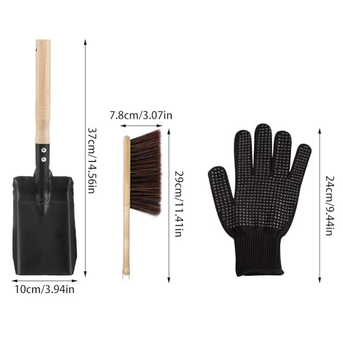 Pala de chimenea de madera y metal, kit con cepillo para estufa de leña 7