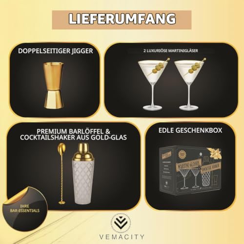 VEMACITY Cocktail Shaker Set + 2 Goldrand Klassiche Martini Gläser, Zubehör – Ansicht 3