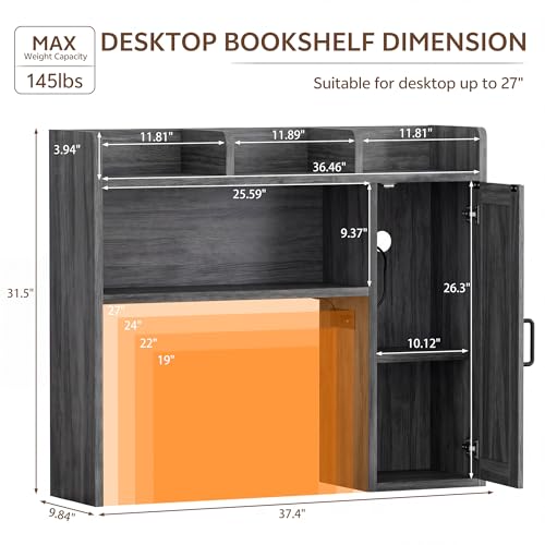 Image of Dorm Desk Hutch, Desktop Shelf with 6 Shelves and Power Outlets 37.4 inch Desk Hutch with Drawers & RGB LED Light Over Desk Organizer Desktop Storage Shelf for Dorm Office Home Computer Desk-Grey