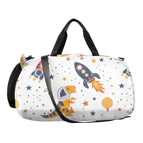 Duffle Bag for Boys or Girls with Shoes Compartment, Space Dinosaur Astronaut Sports Travel Bag Overnight2