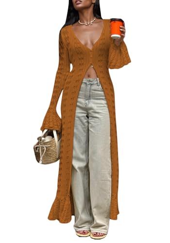 Image of Unybwonn Long Cardigans for Women Crochet Hollow Out Knit Sweater Cover up Maxi Dress Long Sleeve Button Down Cardigan
