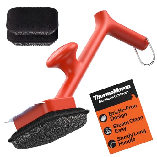 ThermoMaven Bristle-Free BBQ Grill Brush - No Wire Risk Steam Cleaner Removes Burnt Grease Fast - 17' Cool-Touch Handle, Scraper & 3 Replaceable Heads for Gas, Charcoal & Cast Iron
