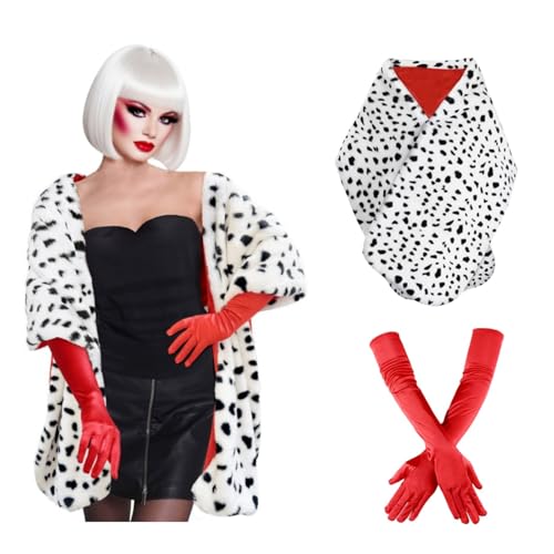 Apragaz 2 PCS Halloween Costume Women, Dalmatian Shawl and 1920s Red Gloves, Black and White Faux Dalmatian Costume Women Coat for Halloween Cosplay Party