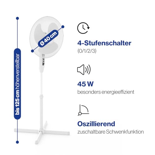 Clatronic® Ventilator mit Schwenkfunktion | höhenverstellbar | Ventilator leise Ø 40cm | Standventilator 3 Stufen | Neigungswinkel verstellbar | Fan | Standventilator sehr leise | VL 3603 S weiß