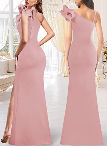 Image of VFSHOW Womens Ruffle One Shoulder Strap Ruched Formal Prom Wedding Maxi Dress V Neck Elegant Split Cocktail Evening Long Gown