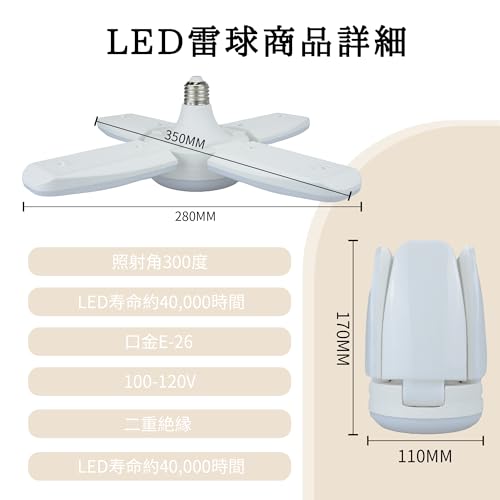 1 個 連結コンセント付き 折りたたみ LED クリップライト 60W 5400lm 6000K E26