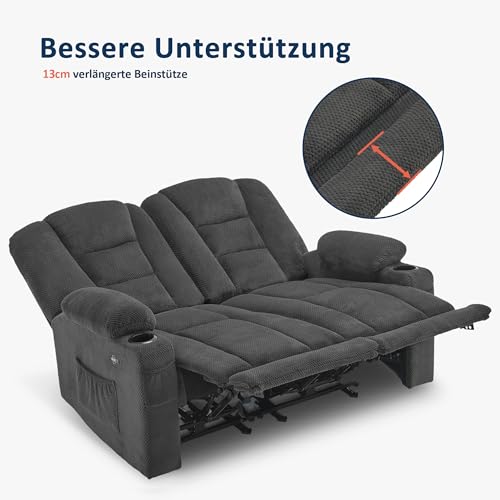 M MCombo Elektrisch 2er Sitzer Sofa mit Schlaffunktion, 2er Relaxsofa mit Taste 150° Verstellbar, Kinosessel mit Liegefunktion, USB & Getränkehalter, 7009 (Grau) – Bild 7
