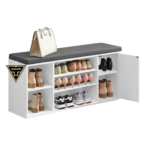 SONGMICS HOME Storage Bench, Superfast Toolless Assembly, 41' Wide Entryway Shoe Cubby Bench with Cushion & Adjustable Shelves, Window Shoe Rack Cabinet, Snow White and Slate Gray ULHS391WE02S