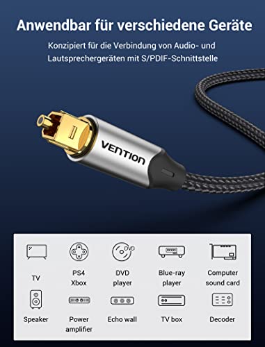 Image of VENTION Digital Optical Audio Cable Nylon Braided Fiber, Slim Metal Case, Gold Plated Plug, 3.3ft Toslink Fiber Optic Audio Cable for Sound Bar TV PS4 Samsung Vizio Bose LG