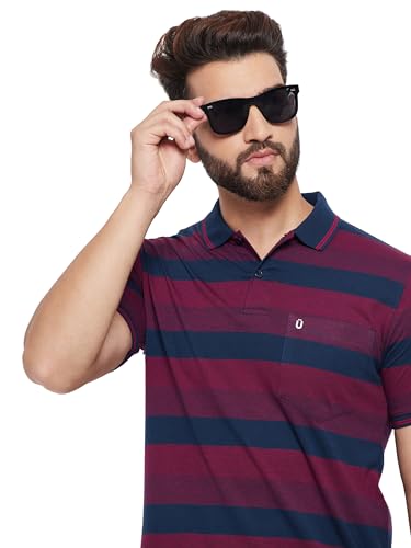Image of UNIBERRY Men's Cotton Blend Regular Fit Half Sleeve Striper Polo Neck T-Shirt & Pocket On Chest-REMT3-MR XL Maroon