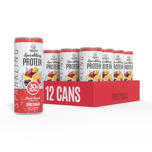 Genius Gourmet Clear Protein Sparkling Water Fruit Punch - 30g Clear Sparkling Protein Zero Sugar Low Carb Lactose Free Non GMO - Ready to Drink Flavored Sparkling Water - 12 Pack