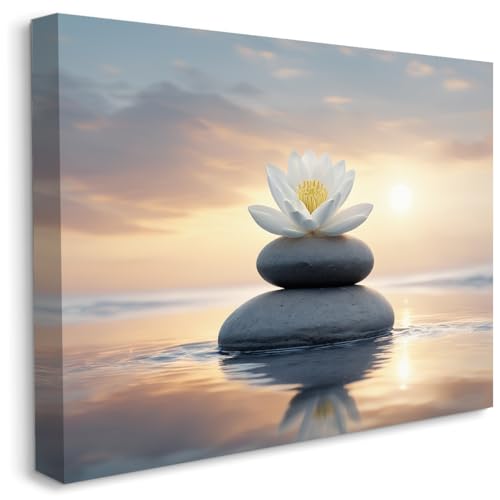 HJYTTX Zen Canvas Wall Art white Lotus Flowers and Black Massage Stones Spa Picture Wall Decor for Yoga Meditation Room Bathroom Bedroom Study Home Decoration, Framed