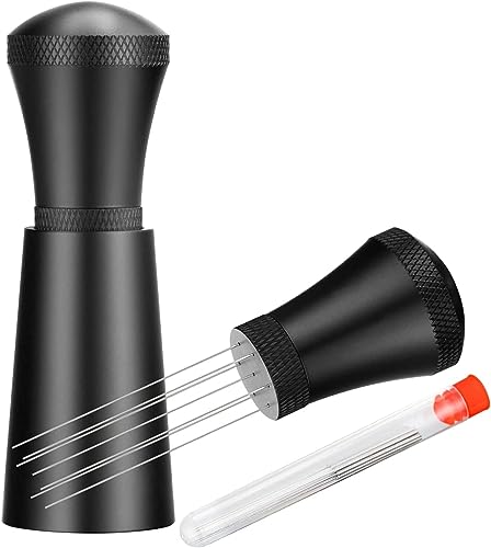 SKYZHY WDT Espresso Distribution Tool Espresso Stirrer Tools for Barista, 0.35mm 7 Needles Espresso Coffee Stirrer with Extra 7 Replaceable Needles, Aluminum Alloy Handle with Stand (Matte Black)