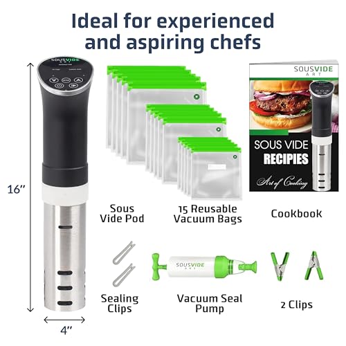Image of SOUSVIDE ART Sous Vide Cooker Kit - 1000W Immersion Circulator - 15 Vacuum Bags, Pump, Digital Timer and Temperature Control; Complete Sous Vide Machine Cooking Kit for Home Chefs and Beginners