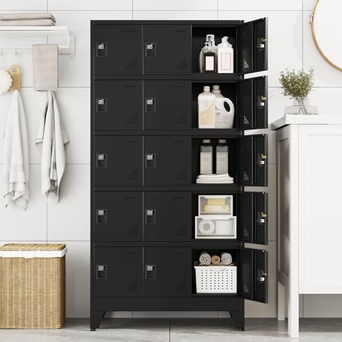 Image of PAOFIN Metal Storage Lockers for Employees with Lock,Metal Storage Locker with 15 Doors for School Garage Office Gym Bedroom,Assembly Required,15 Door Black