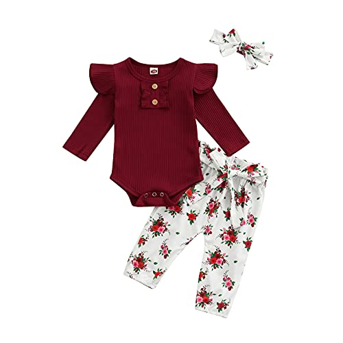 Image of Newborn Infant Baby Girls Clothes Set Long Sleeve Ribbed Solid Bodysuit Floral Pants Headband Outfits Fall Winter (Wine Red,0-6 Months)