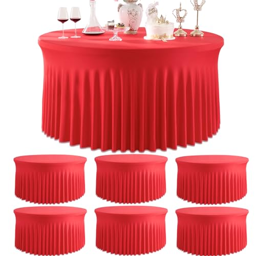 Htper 6 Pack Red Spandex Round Tablecloths for 72inch Table, 132in Stretchy Fitted 6ft Tablecloths, Wrinkle Free Round Table Clothes Covers with Skirt for Wedding Birthday Parties Banquet