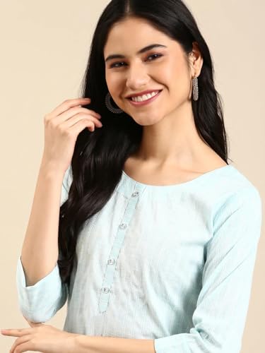 Image of SHOWOFFFF Women Woven Design Straight Ethnic Kurta | Round Neck 3 /4th Sleeves Cotton Kurta for Womens | Regular Fit Calf Length Kurta for Women's
