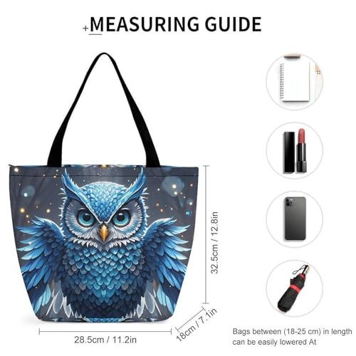 Women Tote Bags with Handles Blue Owl Shoulder Bag with Zipper Handbags Shopping Bags Travel Bag Beach Bag Reusable Grocery Bag for Swim Holiday Gift2