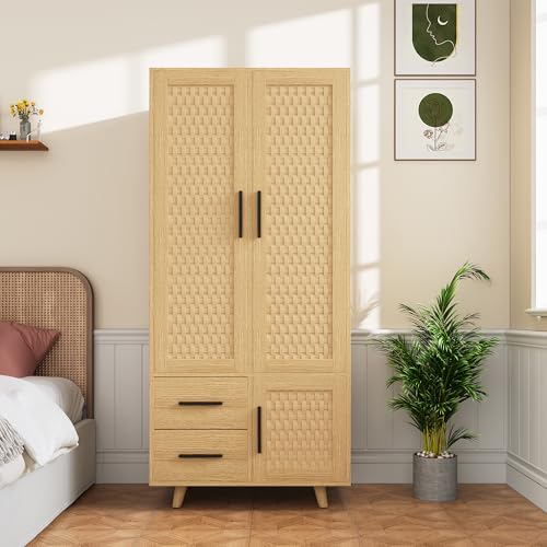 Armoire Penderie Chambre en Rotin, Armoires Cannage en Bois, Armoire Dressing avec 2 Portes et 2 Tiroirs et 1 Tringle à Vêtements, Rotin Armoires de...