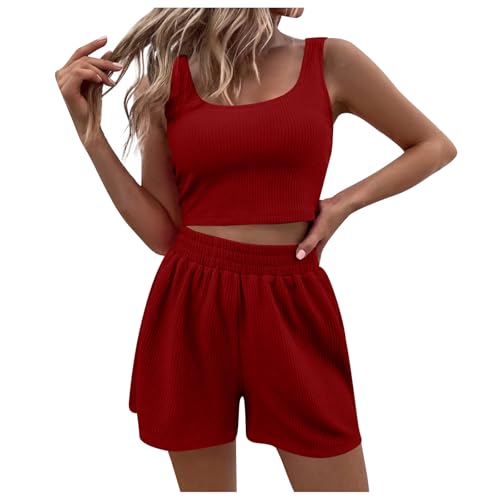 Vetement femme ete ensemble short taille haute et haut court rouge XL