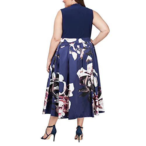 Image of S.L. Fashions Women's Plus Size Tea Length Tuck Neck Fit and Flare Dress