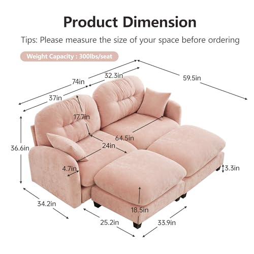 Image of KEIKI 74 inch Oversized Chenille Modular Sectional Loveseat Sofa with 2 Ottoman, High-Density Foam Cushions, Tufted Pleated Cushion Backrest, Modern 2-Seater Couch with 2 Pillow, for Living Room, Pink