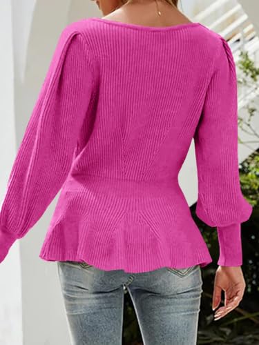 Image of Womens Fall Puff Sleeve Peplum Casual Slim Fit Knit Pullover Sweater Jumper Tops