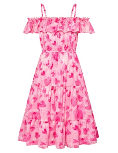 GRACE KARIN Girls Summer Heart Dress Spaghetti Strap Off Shoulder Ruffle Maxi Spring Pageant Dress Hot Pink 5-6Y