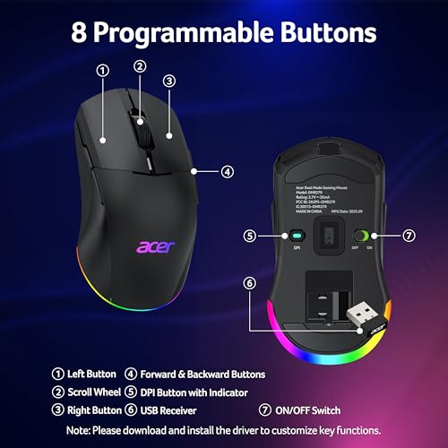Image of Acer Wireless Gaming Mouse for Laptop, 24,000 DPI Wired Computer Mouse with 8 Programmable Buttons, Left & Right Hand, Rechargable Gaming Mice, Long Battery Life, RGB Lighting Gamer for PC, Desktop