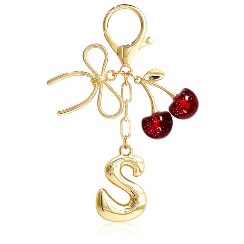 ELYSTARA Initial Bag Charm with Red Cherry & Gold Bow,...
