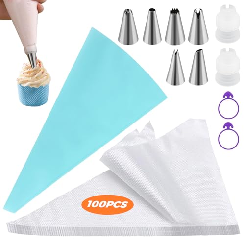 Poche a Douille Patisserie 111PCS, 6 Douilles Patisserie et 1 Poches à Douille en Silicone Réutilisable, DIY Patisserie Accessoire Kit Professionnelle pour...