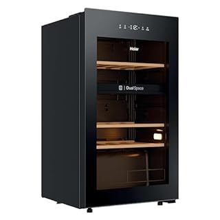 Haier Wine Bank 50 Series 5 HWS32GDG - Vetrina da 32 bottiglie, 2 zone indipendenti, ripiani in legno, filtro anti-UV, sistema anti-vibrazione, display digitale, illuminazione a LED, 37 dbA, nero