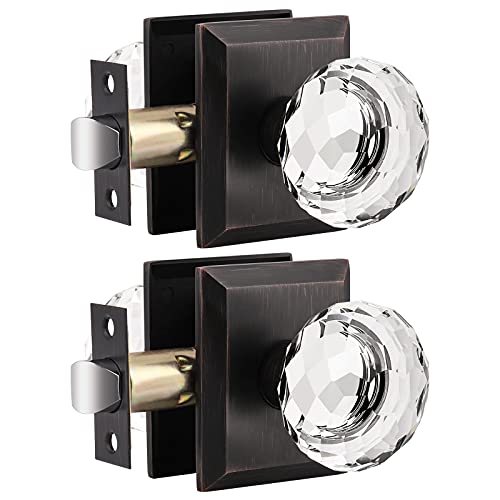 Orger Paquete de 2 pomos redondos de cristal para interiores, sin llave para puerta de paso, sin cerradura para pasillo, armario, pomos de puerta de cristal transparente con roseta de bronce aceitado Cover