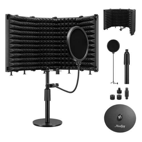 Moukey Microphone Isolation Shield, with Pop Filter& Table Stand, Foldable Mic Shield with Triple...