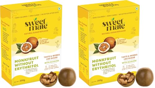 Image of Sweetmate Monk Fruit Sweetener Without Erythritol - 200 g | Pure Monk Fruit Extract | Zero Calorie 1:1 Sugar Substitute | Keto & Diabetic Friendly (Pack of 2)
