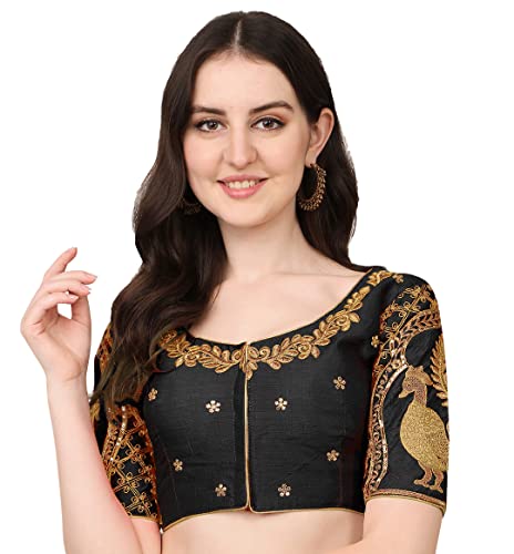Image of Pujia Mills Women's Phantom Silk Embroidery Handwork & Sequin Work Peacock Design Half Sleeve Readymade Blouse (Mor Blouse Gold 38 Size+Margin)