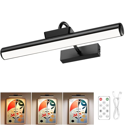 Image of 13 inch Wireless Picture Lights for Wall, Rechargeable Art Light, 1Pack Black | Aluminum Photo Frame Light, Remote & Touch Control, 5000mAh Battery, 3 Color Temp, Dimmable, Magnetic Gallery Painting Light