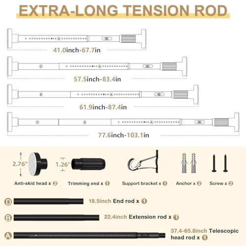 Image of Black Tension Curtain Rod 41-100In(4-8Ft), Outdoor Curtain Rod No Drilling for Window or Bathroom Patio, Adjustable Spring Shower Rod,Rod Diameter 1.26In-One-bond stretching